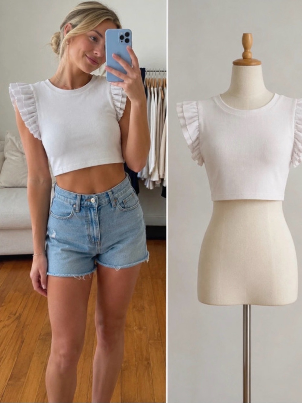 Zara White Ruffle Sleeve Ribbed Crop Top